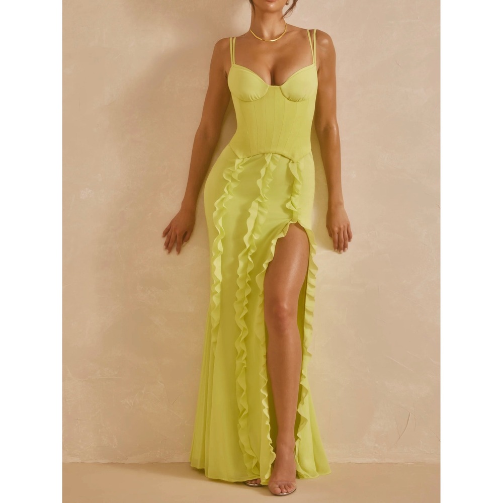 Oh Polly Lime Green Ruffle‎ Corset Maxi Dress High Slit US 0 Georgette NEW